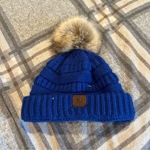 CC Royal Blue Winter Cable Knit Pom-Pom Puff Beanie Hat OS